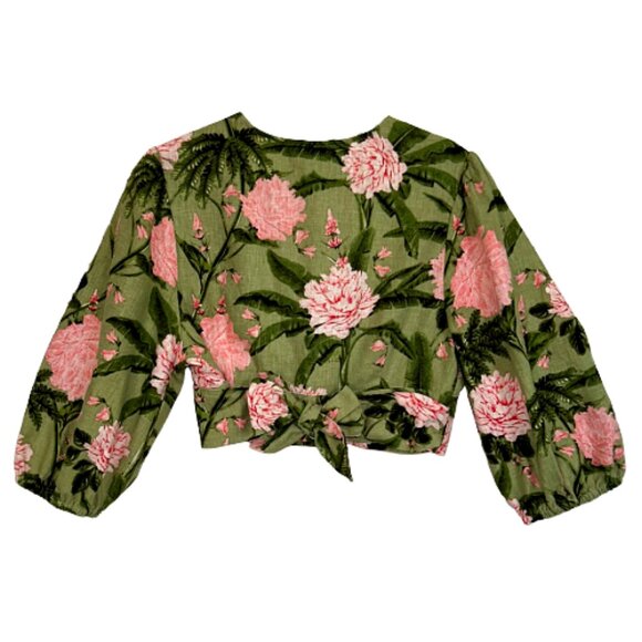 Agua Bendita Peony Print Linen-Blend Tie Wrap Crop Top Green Pink M Floral Wrap - Picture 6 of 10